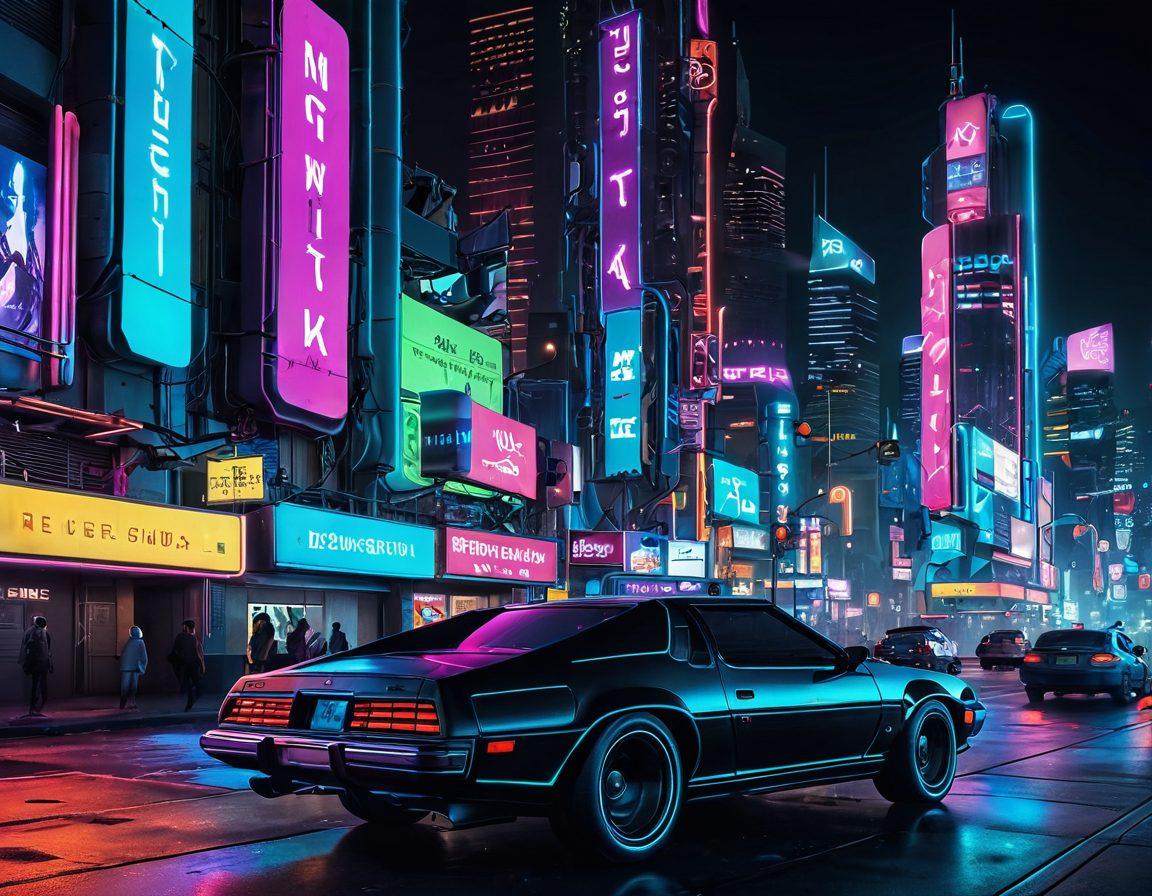 A captivating blend of vibrant neon colors depicting a digital interface filled with abstract shapes and silhouettes related to erotic videos and explicit films. Include subtle hints of film reels and video play buttons, set against a backdrop of a stylized city skyline at night, conveying a sense of exploration and adventure in the digital realm. The overall atmosphere should be alluring yet sophisticated, enticing viewers to navigate the scene. neon lights. cyberpunk. highly detailed.