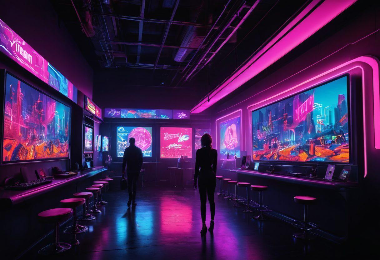 A visually striking juxtaposition of modern technology and adult entertainment culture, featuring a digital landscape with neon lights, silhouettes of various entertainment activities, and an intriguing blend of playful and daring elements. Incorporate interactive screens showcasing trends in adult content, all set against a backdrop of vibrant colors that reflect a digital era. Include subtle references to both online and offline aspects of this industry. vector art. vibrant colors. cyberpunk.